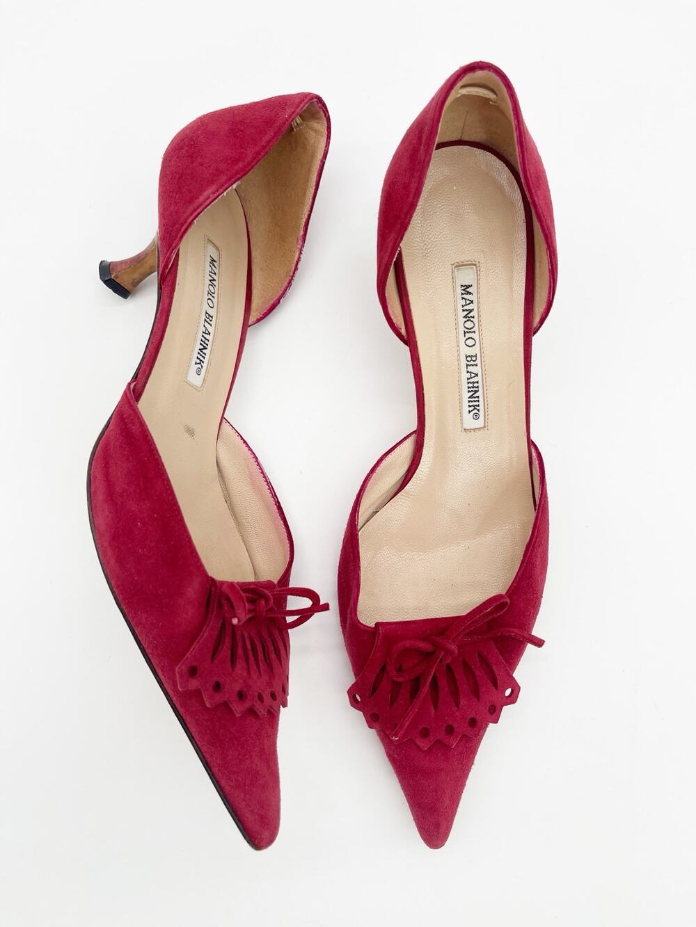 Manolo Blahnik Vintage Raspberry Suede Cutout Bow D'Orsay Pumps Heels IT 39
